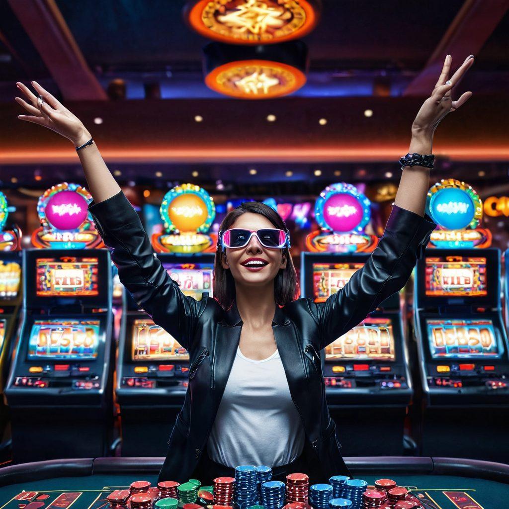 A dynamic virtual casino scene featuring a player celebrating a big win, surrounded by vibrant slot machines and poker tables, with colorful casino chips and bright neon lights in the background. The player is joyfully raising their arms, with a digital screen displaying bonus offers and strategies glowing above. Elements of virtual reality and excitement should be emphasized to capture the essence of online gaming. vivid colors. cyberpunk style.