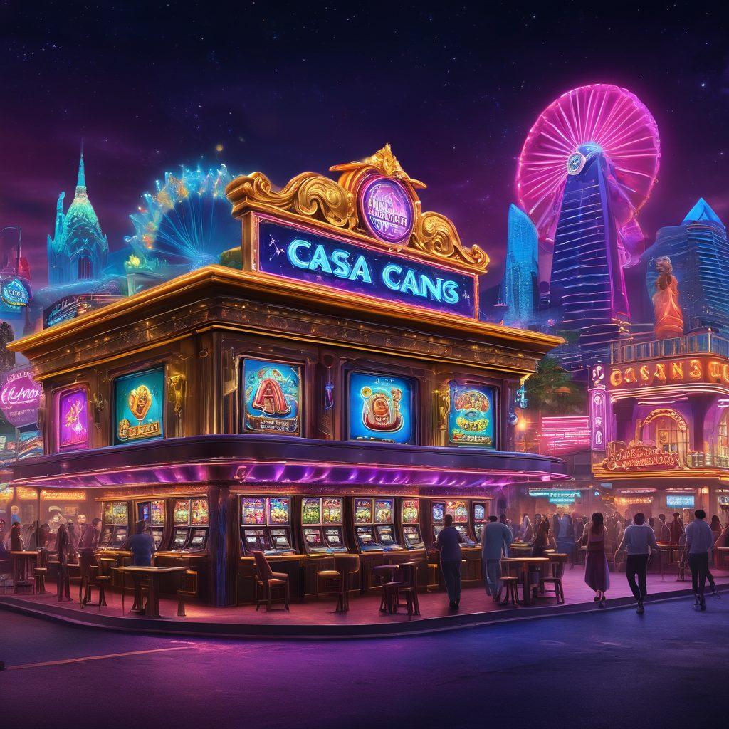 A mystical, vibrant digital casino scene filled with glowing slot machines and animated card tables, showcasing a diverse group of excited players experiencing thrilling wins. Enchanted elements like floating charms and magical symbols hover in the air, while a neon-lit skyline reflects the buzz of nightlife. Incorporate whimsical colors and an enchanting atmosphere to capture the allure of gaming. super-realistic. vibrant colors. 3D.